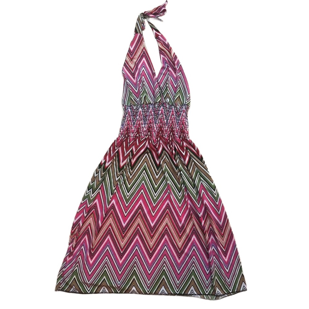 90s Pink and green chevron print halter dress with elastic waistband